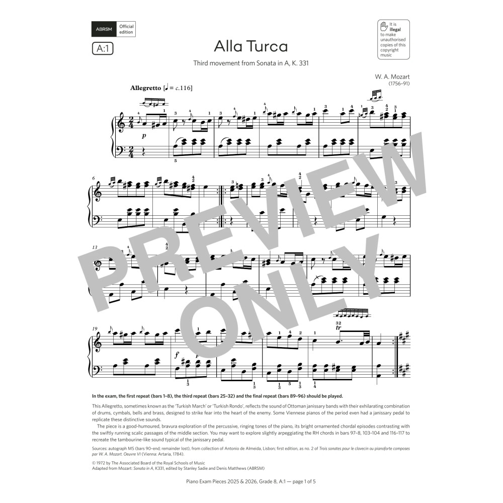 Alla Turca (Grade 8, list A1, from the ABRSM Piano Syllabus 2025 & 2026)