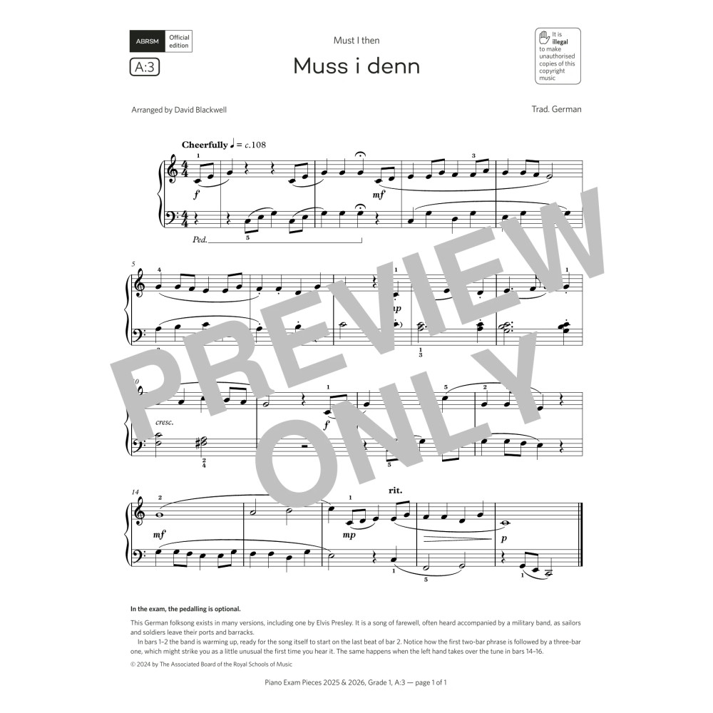 Muss i denn (Grade 1, list A3, from the ABRSM Piano Syllabus 2025 & 2026)