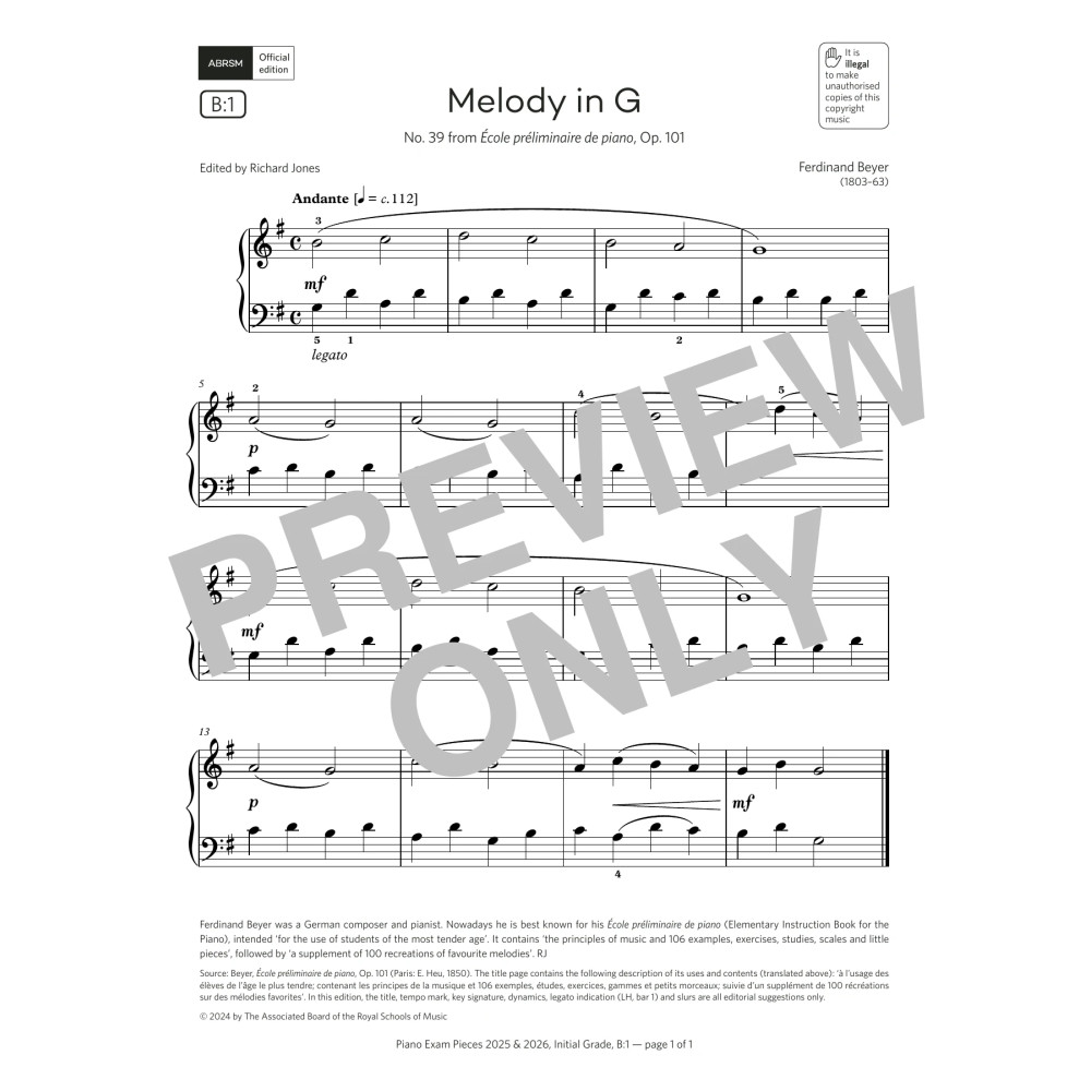 Melody in G (Grade Initial, list B1, from the ABRSM Piano Syllabus 2025 & 2026)