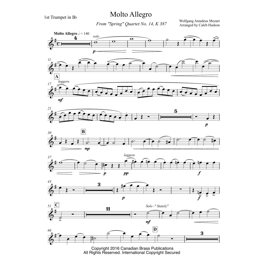Molto Allegro from Spring Quartet, No. 14, K 387 - Bb Trumpet 1