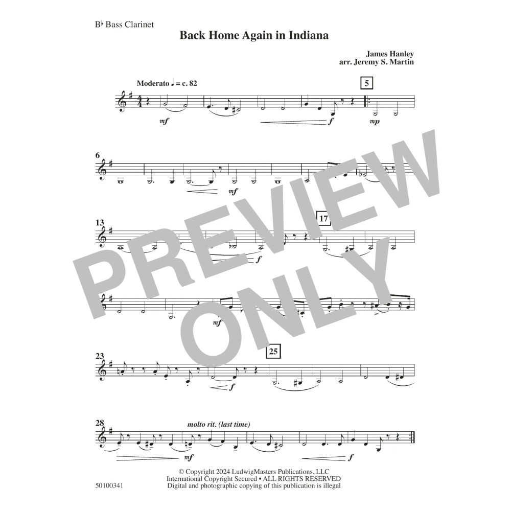 Back Home Again in Indiana (arr. Jeremy S. Martin) - Bass Clarinet