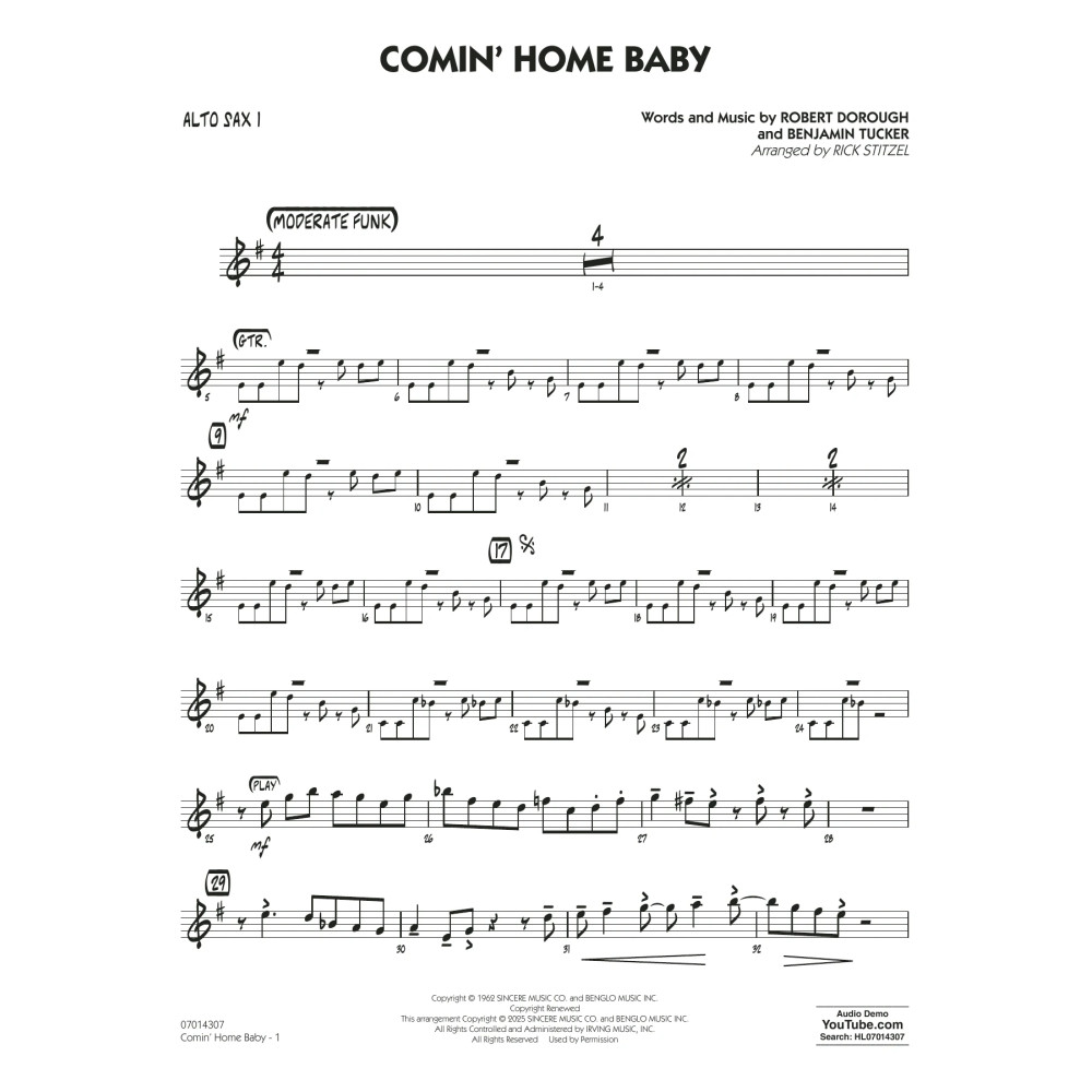 Comin' Home Baby (arr. Rick Stitzel) - Alto Sax 1