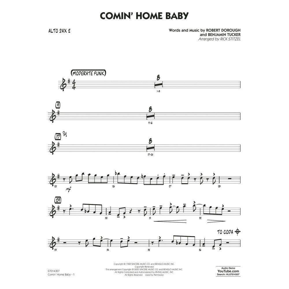 Comin' Home Baby (arr. Rick Stitzel) - Alto Sax 2