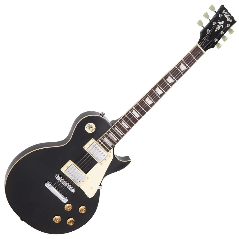 Vintage V100bb Guitar - Gold Hardware Black Gloss | E-Gitarre Mahagonikorpus