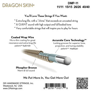 DR, DRAGON SKIN+ Cuerdas de Mandolina de Bronce Fosforado: Medio 11-40