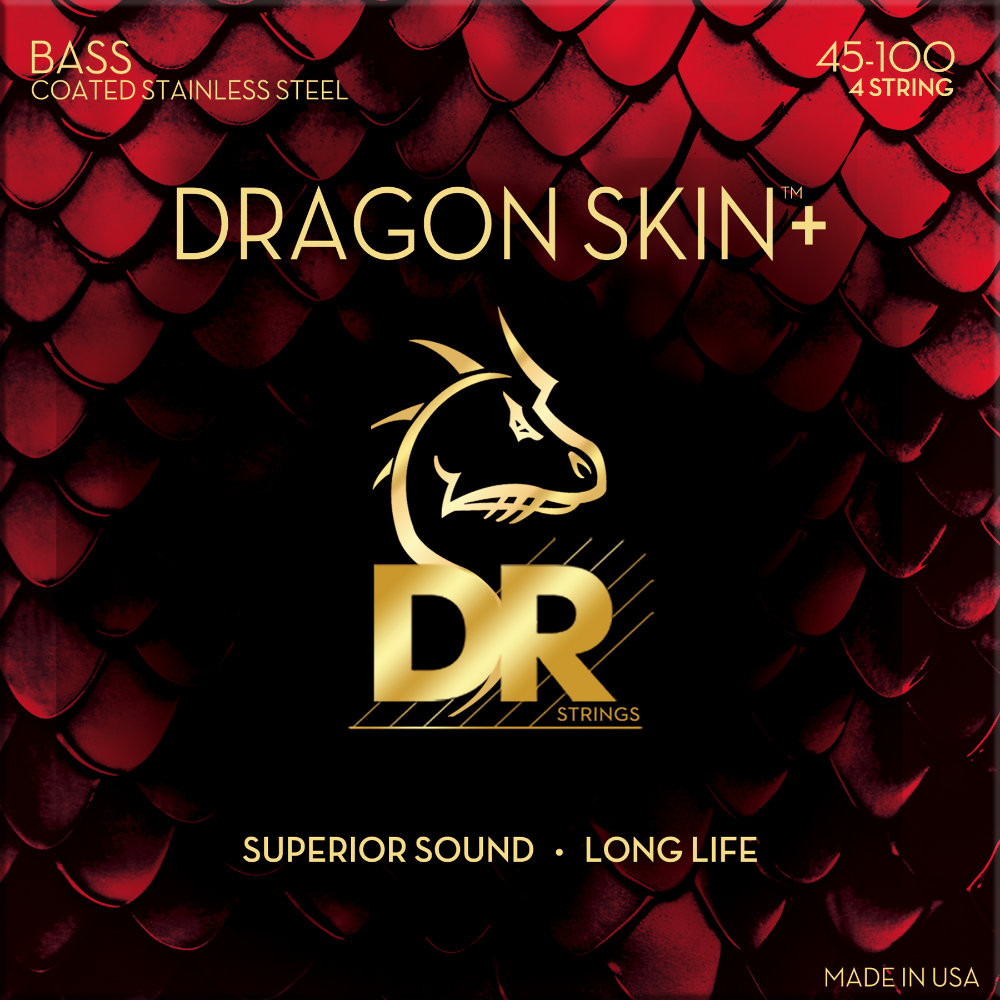 DR, DRAGON SKIN+ Cuerdas de bajo de acero inoxidable: 5 cuerdas, calibre medio-ligero 45-100