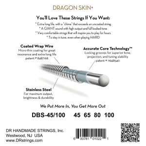 DR, DRAGON SKIN+ Cuerdas de bajo de acero inoxidable: 5 cuerdas, calibre medio-ligero 45-100