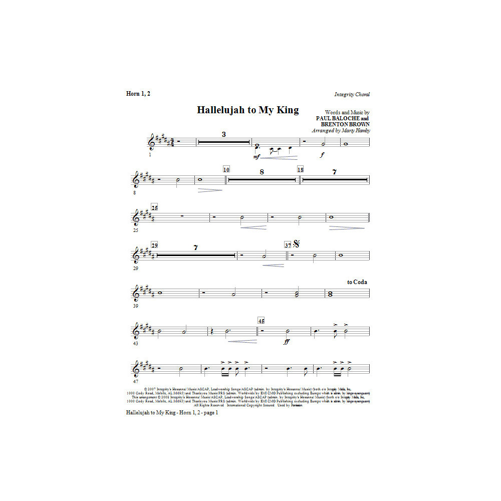 Hallelujah To My King - F Horn 1,2