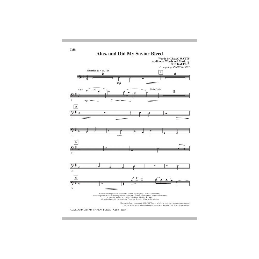 Alas, And Did My Savior Bleed - Cello