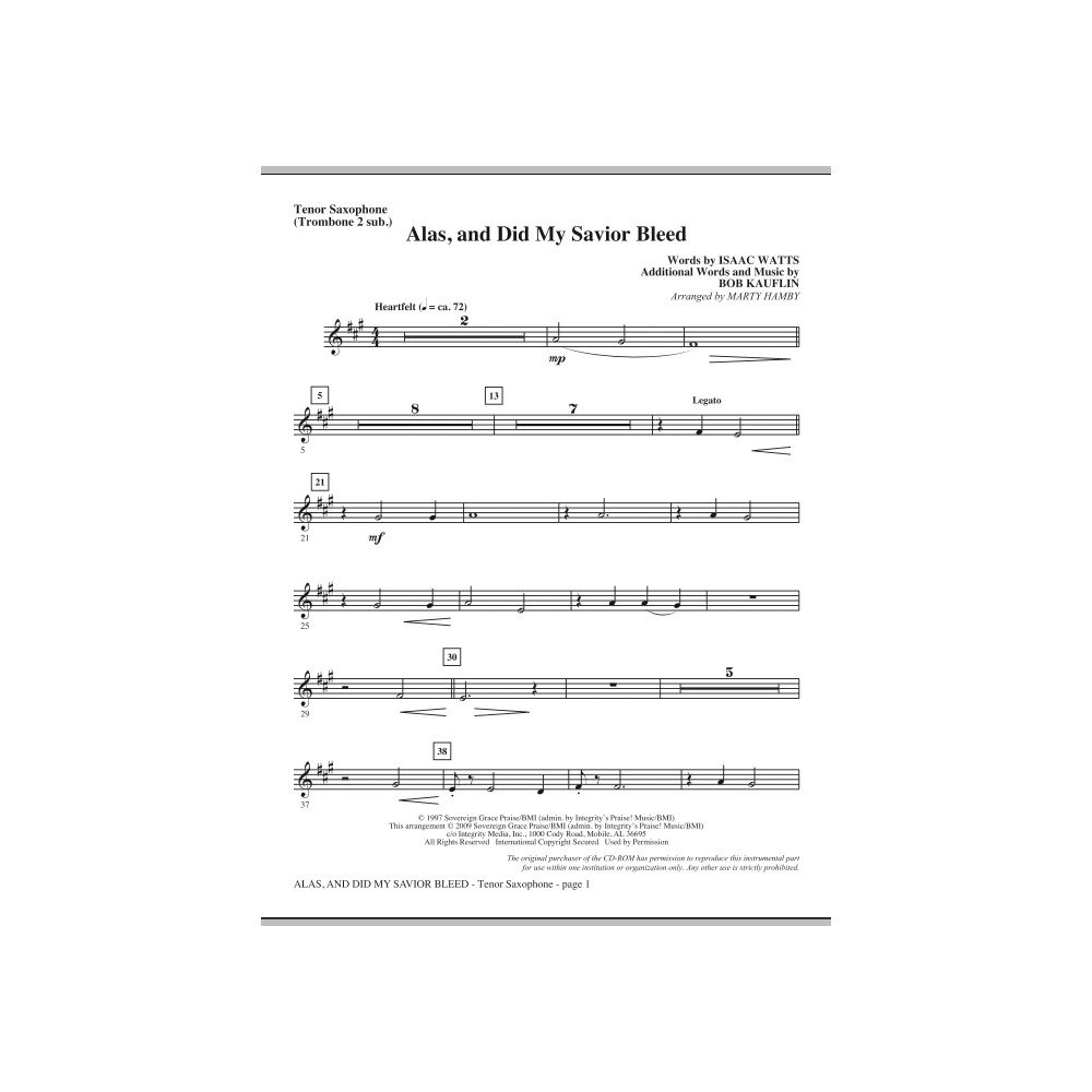 Alas, And Did My Savior Bleed - Tenor Sax (Trombone 2 sub.)