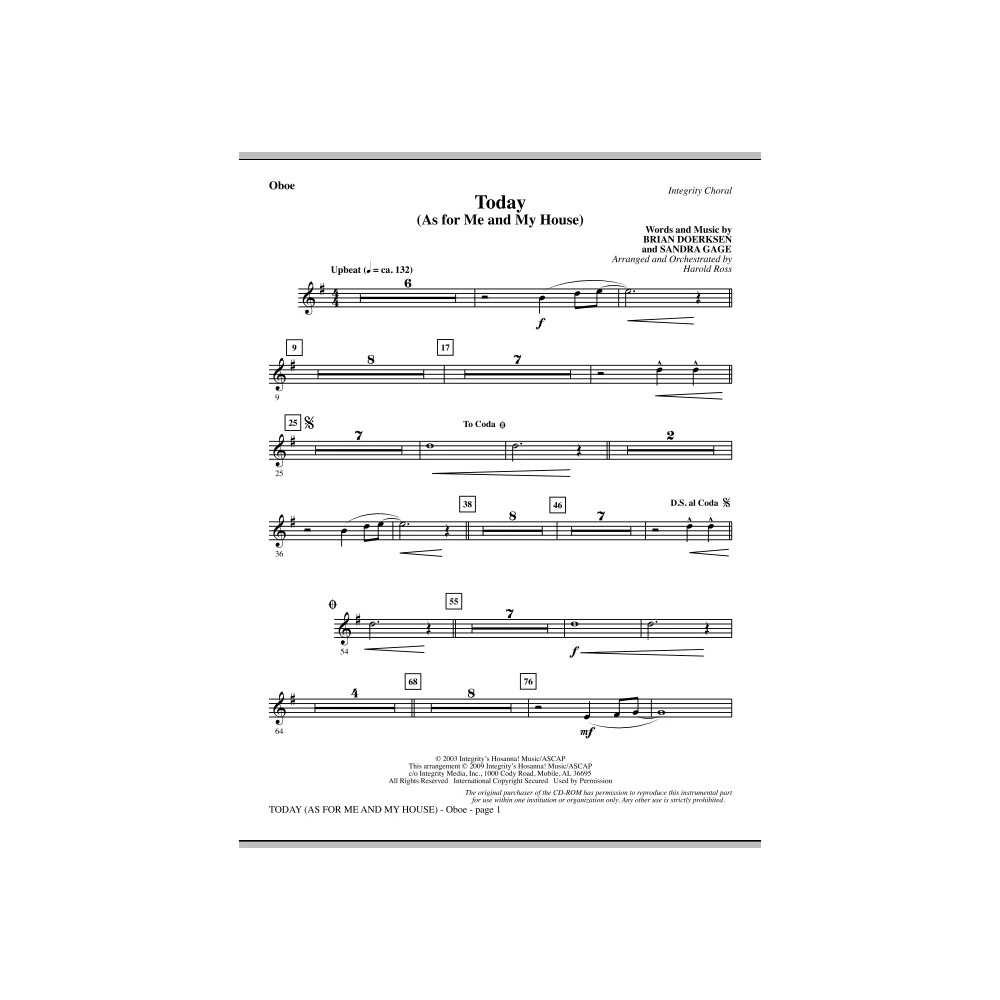 Today (As For Me And My House) - Oboe
