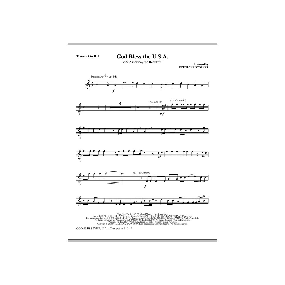 God Bless The U.S.A (with America, The Beautiful) - Bb Trumpet 1