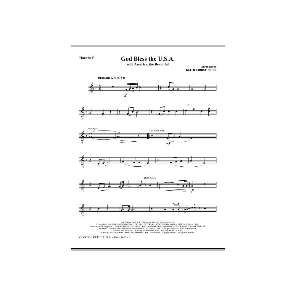 God Bless The U.S.A (with America, The Beautiful) - F Horn