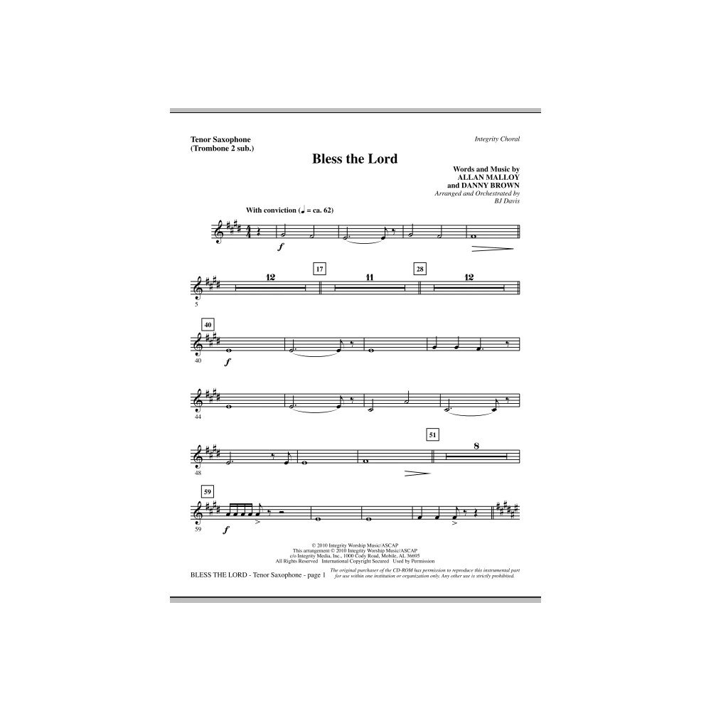 Bless The Lord - Tenor Sax (sub. Tbn 2)