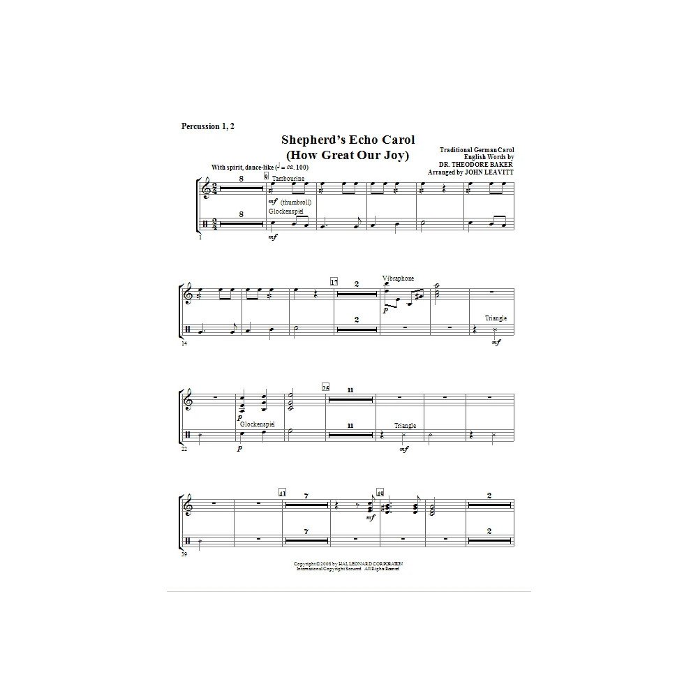 Shepherd's Echo Carol (How Great Our Joy) (arr. John Leavitt) - Percussion 1 & 2