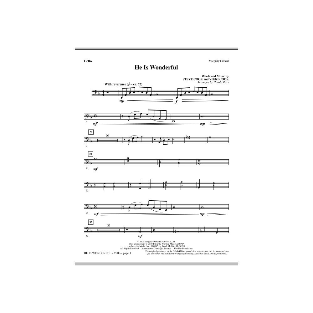 He Is Wonderful - Cello
