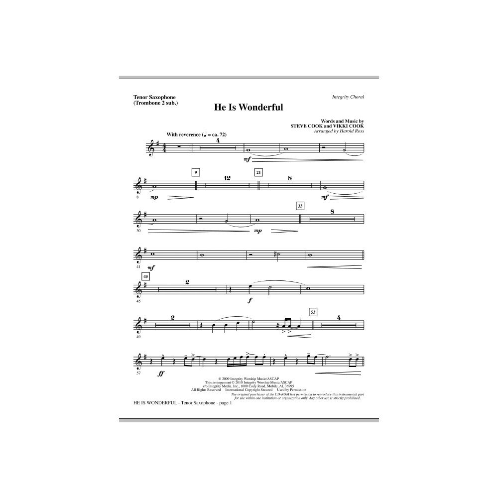 He Is Wonderful - Tenor Sax (Trombone 2 sub.)