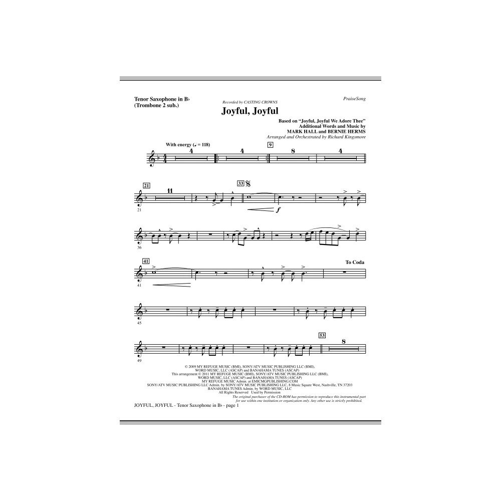 Joyful, Joyful - Tenor Sax (sub. Tbn 2)
