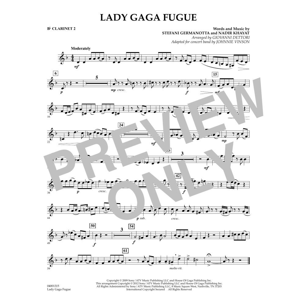 Lady Gaga Fugue - Bb Clarinet 2