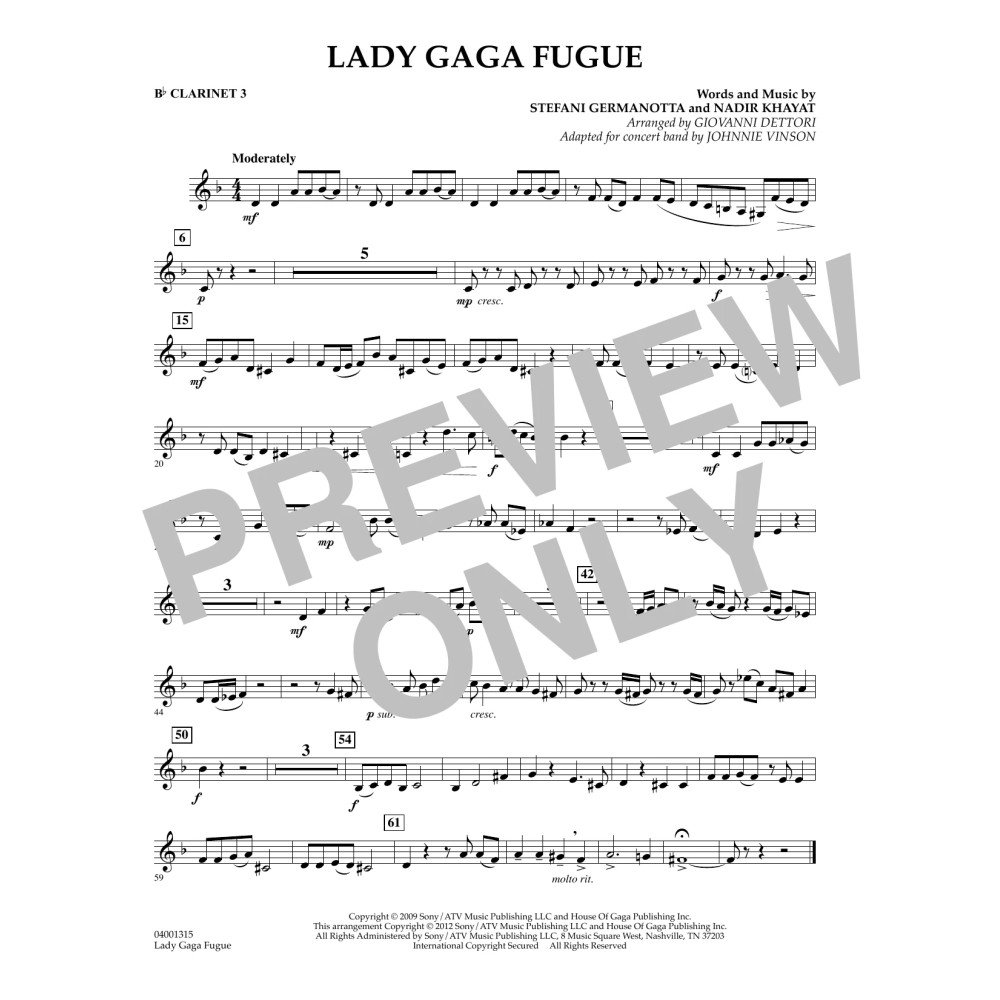 Lady Gaga Fugue - Bb Clarinet 3