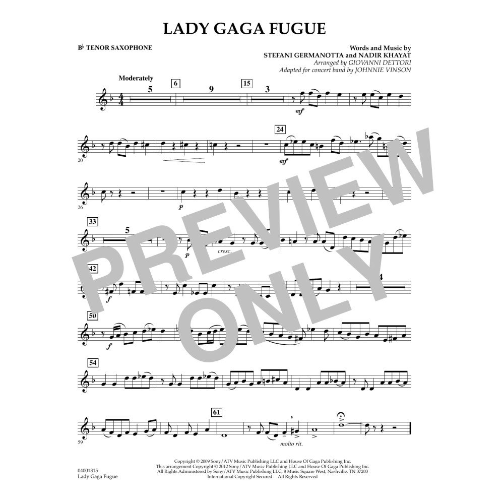 Lady Gaga Fugue - Bb Tenor Saxophone
