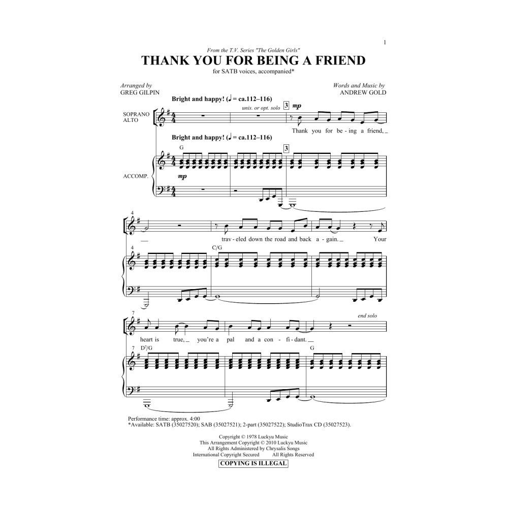 Thank You For Being A Friend (Theme from The Golden Girls) (arr. Greg Gilpin)