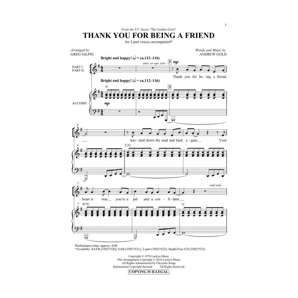 Thank You For Being A Friend (Theme from The Golden Girls) (arr. Greg Gilpin)