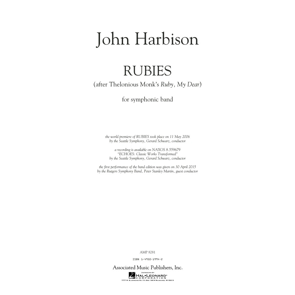 Rubies (After Thelonious Monk's "Ruby, My Dear") - Conductor Score (Full Score)