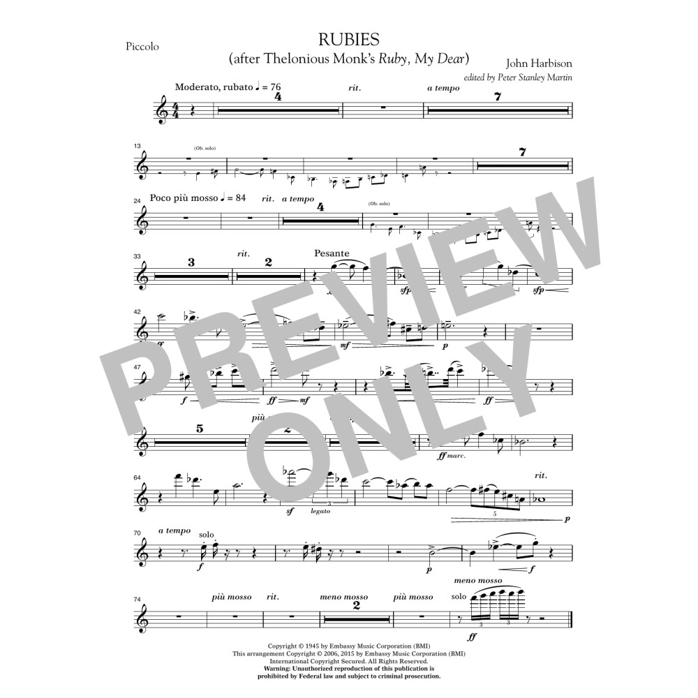 Rubies (After Thelonious Monk's "Ruby, My Dear") - Piccolo