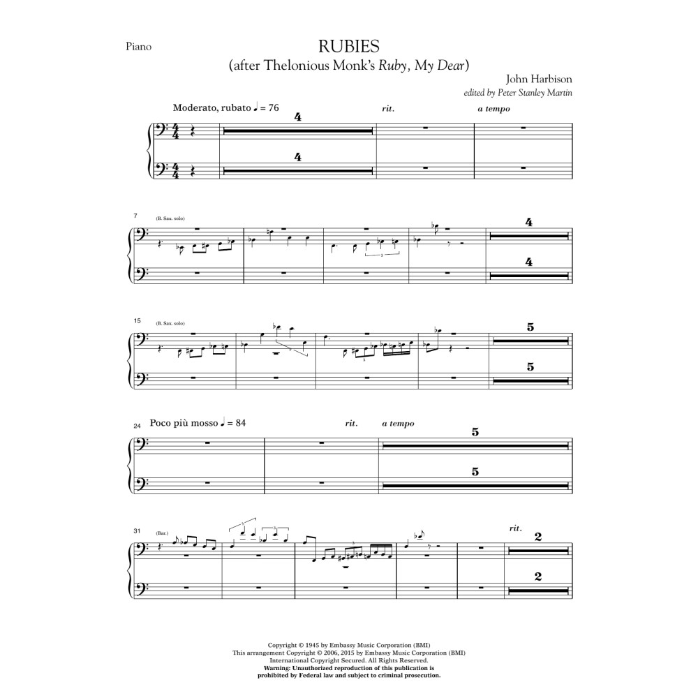 Rubies (After Thelonious Monk's "Ruby, My Dear") - Piano