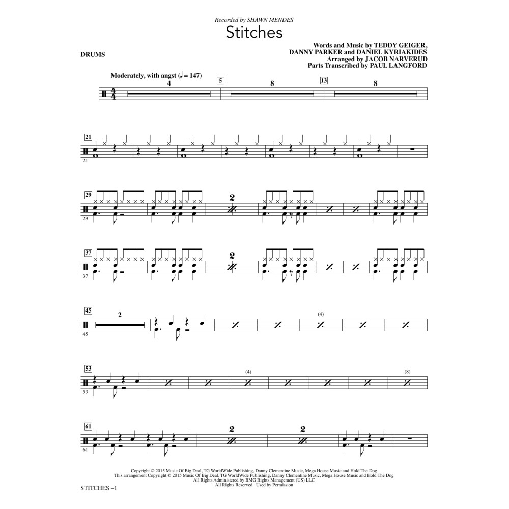 Stitches (arr. Jacob Narverud) - Drum Set