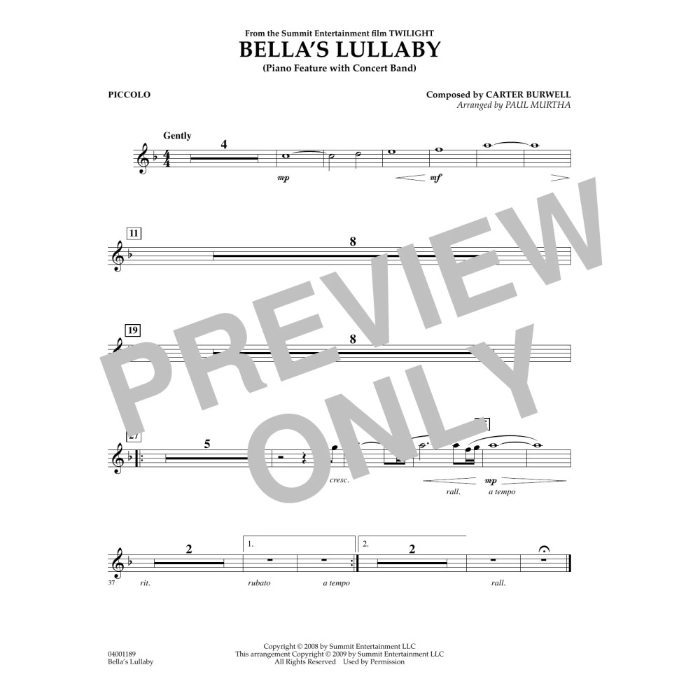 Bella's Lullaby (from Twilight) - Piccolo