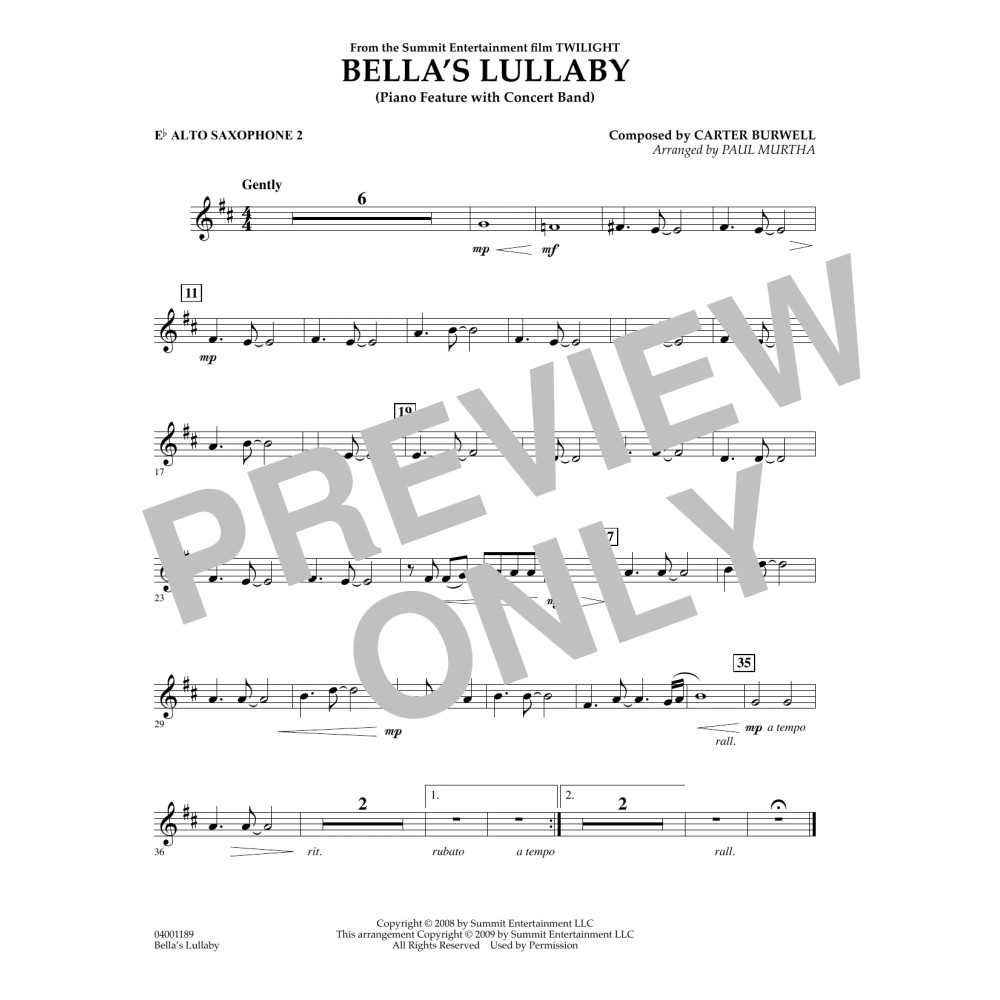Bella's Lullaby (from Twilight) - Eb Alto Saxophone 2