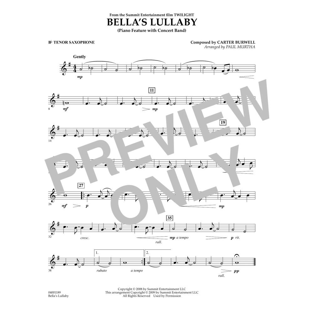 Bella's Lullaby (from Twilight) - Bb Tenor Saxophone
