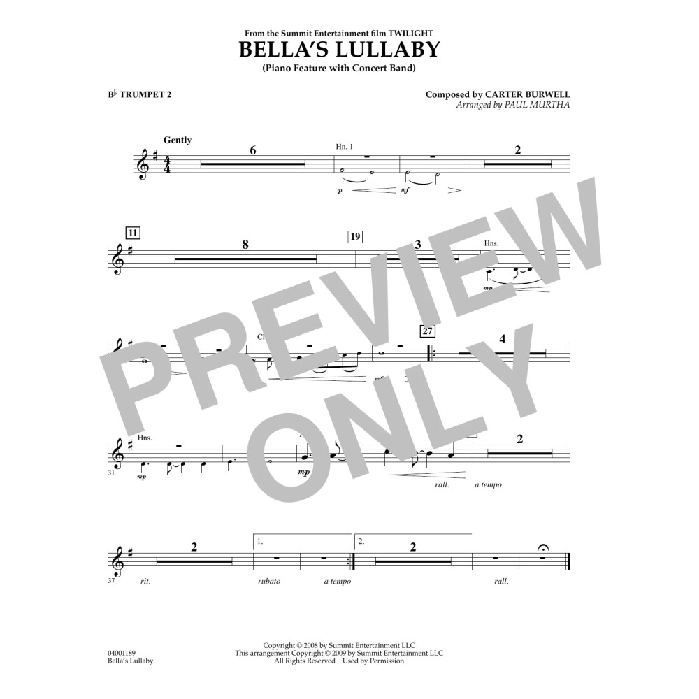 Bella's Lullaby (from Twilight) - Bb Trumpet 2