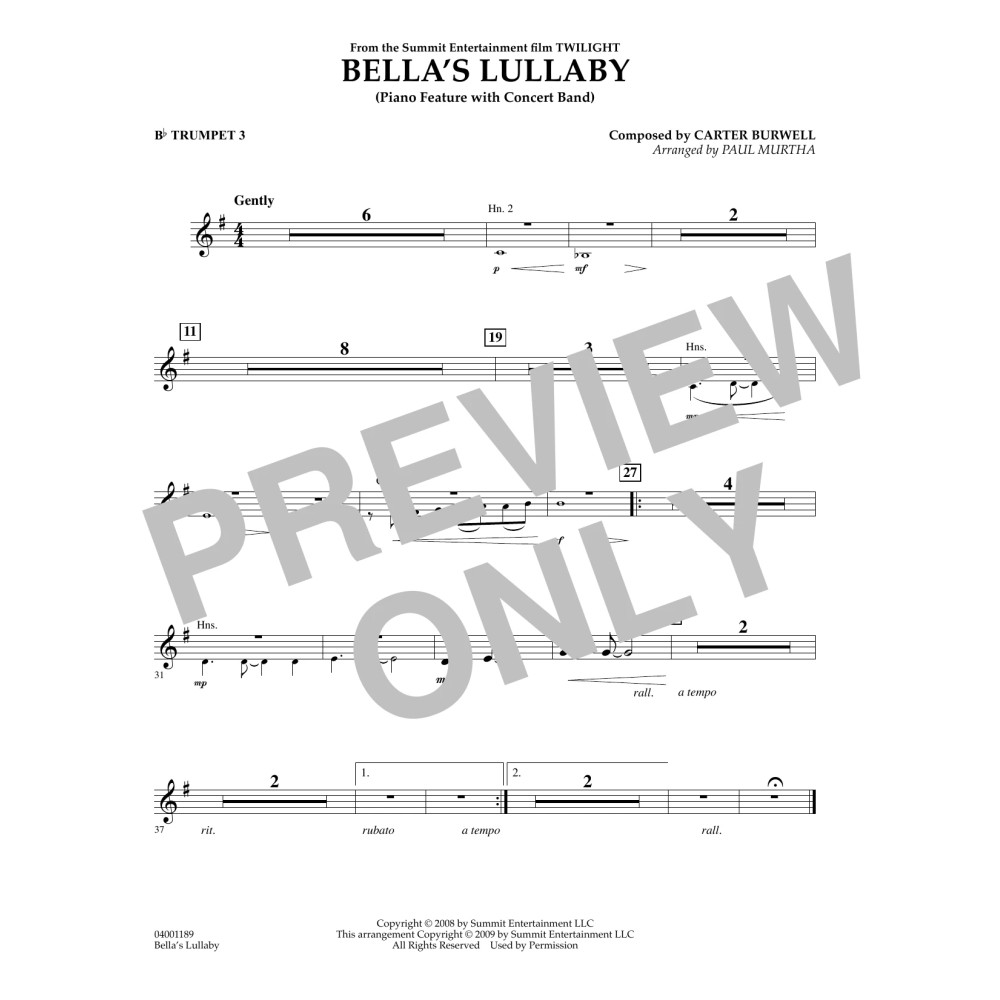Bella's Lullaby (from Twilight) - Bb Trumpet 3