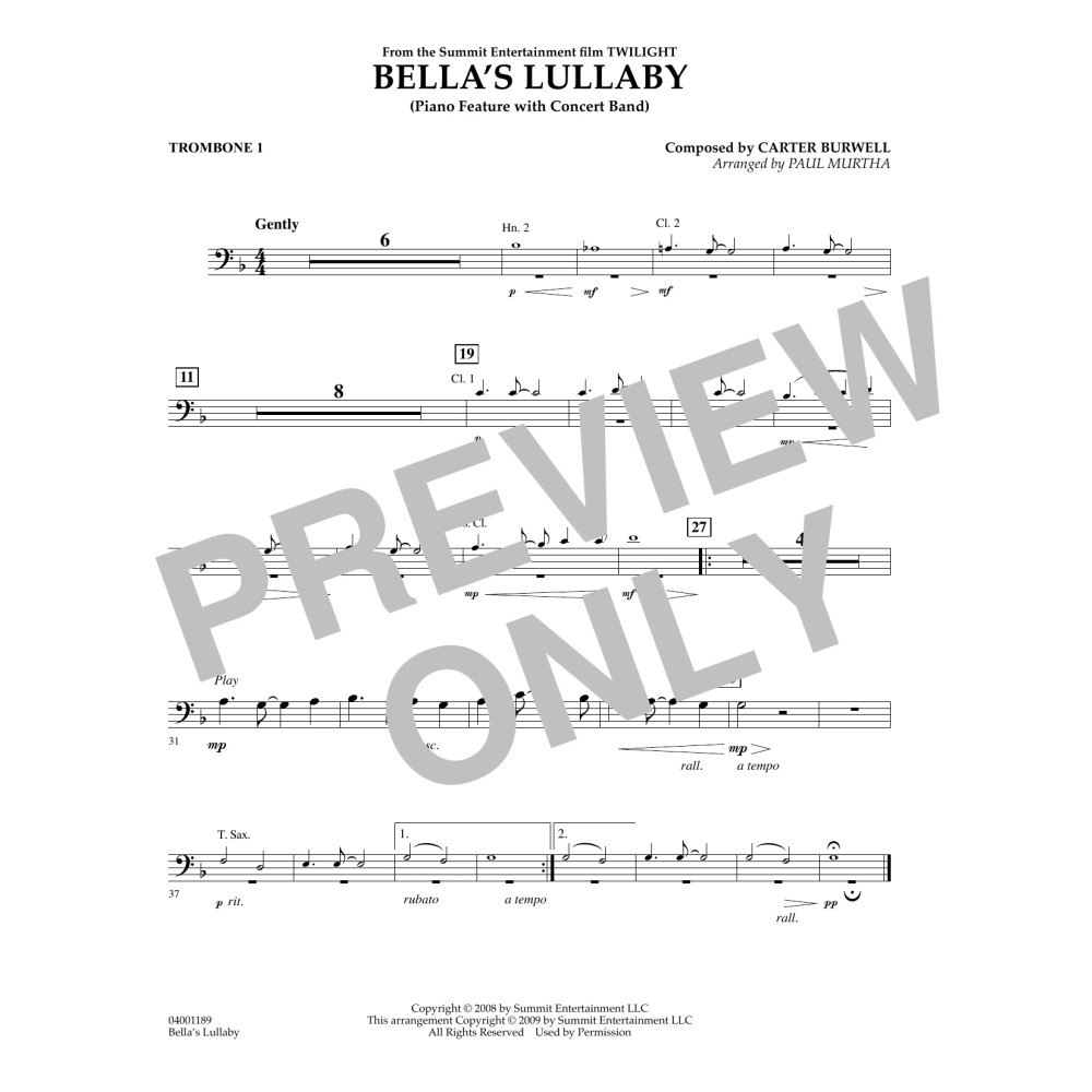 Bella's Lullaby (from Twilight) - Trombone 1