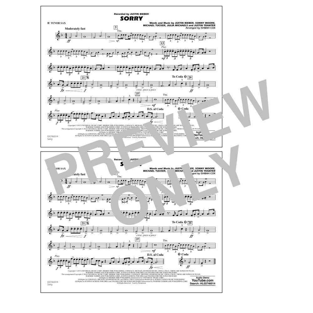Sorry - Bb Tenor Sax