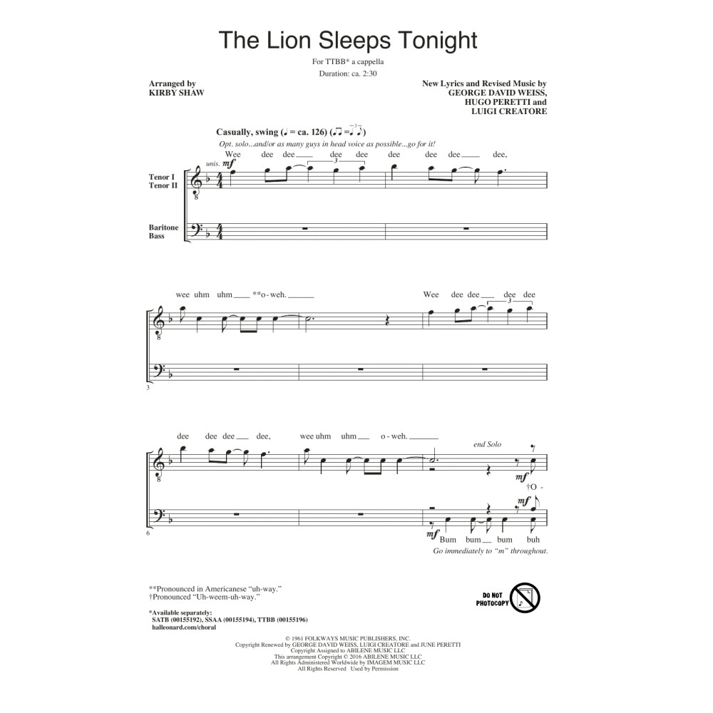 The Lion Sleeps Tonight (arr. Kirby Shaw)