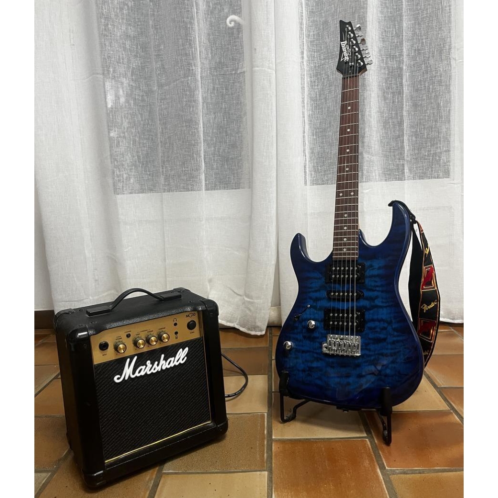 Left-handed Ibanez guitar + Marshall amplifier