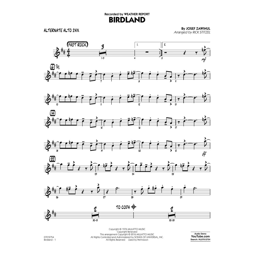 Birdland - Alternate Alto Sax