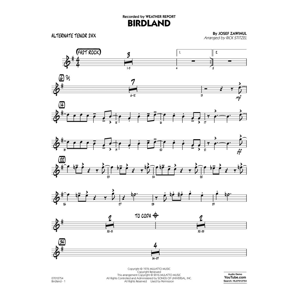 Birdland - Alternate Tenor Sax
