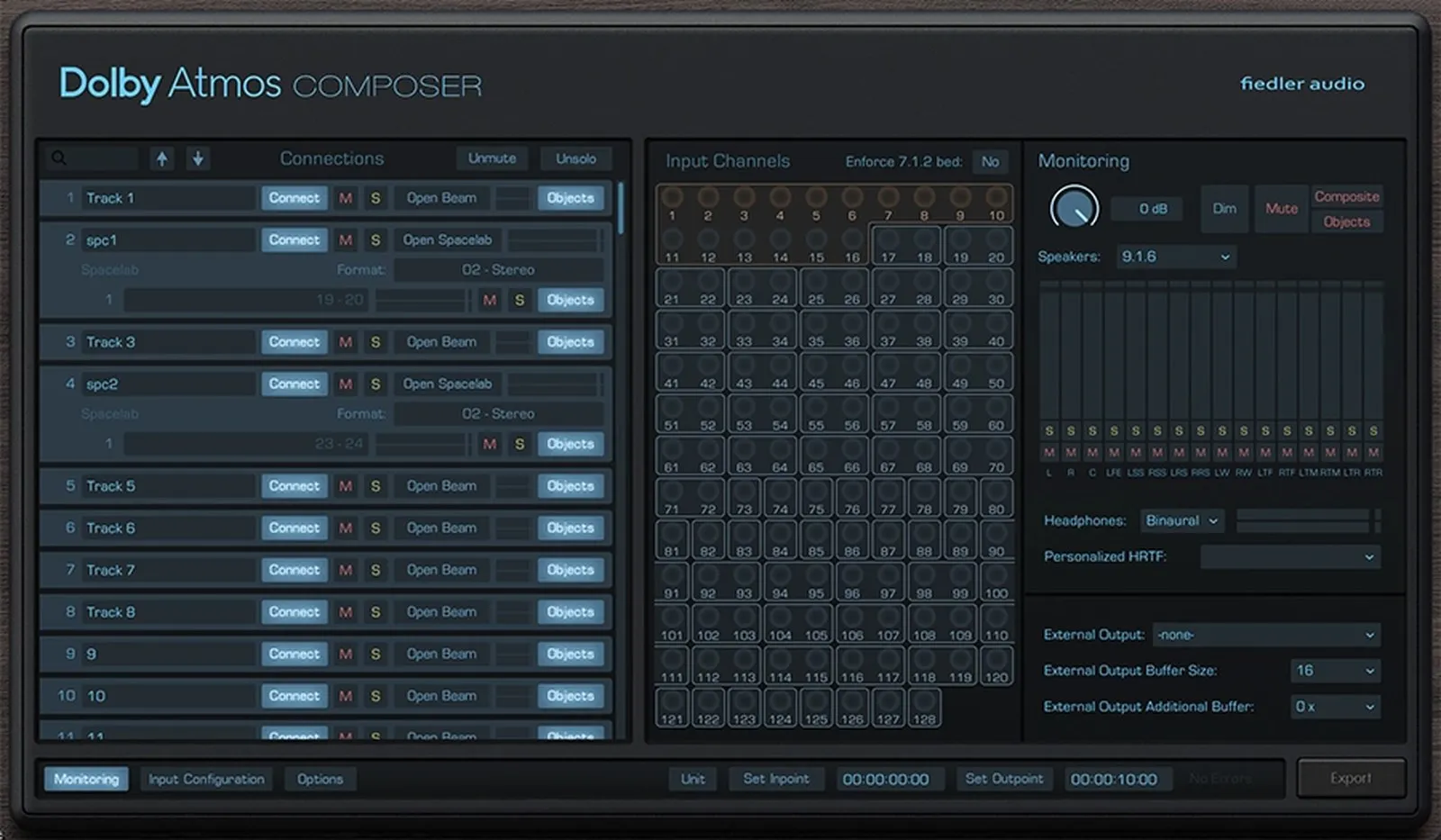 Interfaz del plugin Dolby Atmos Composer de Fiedler Audio